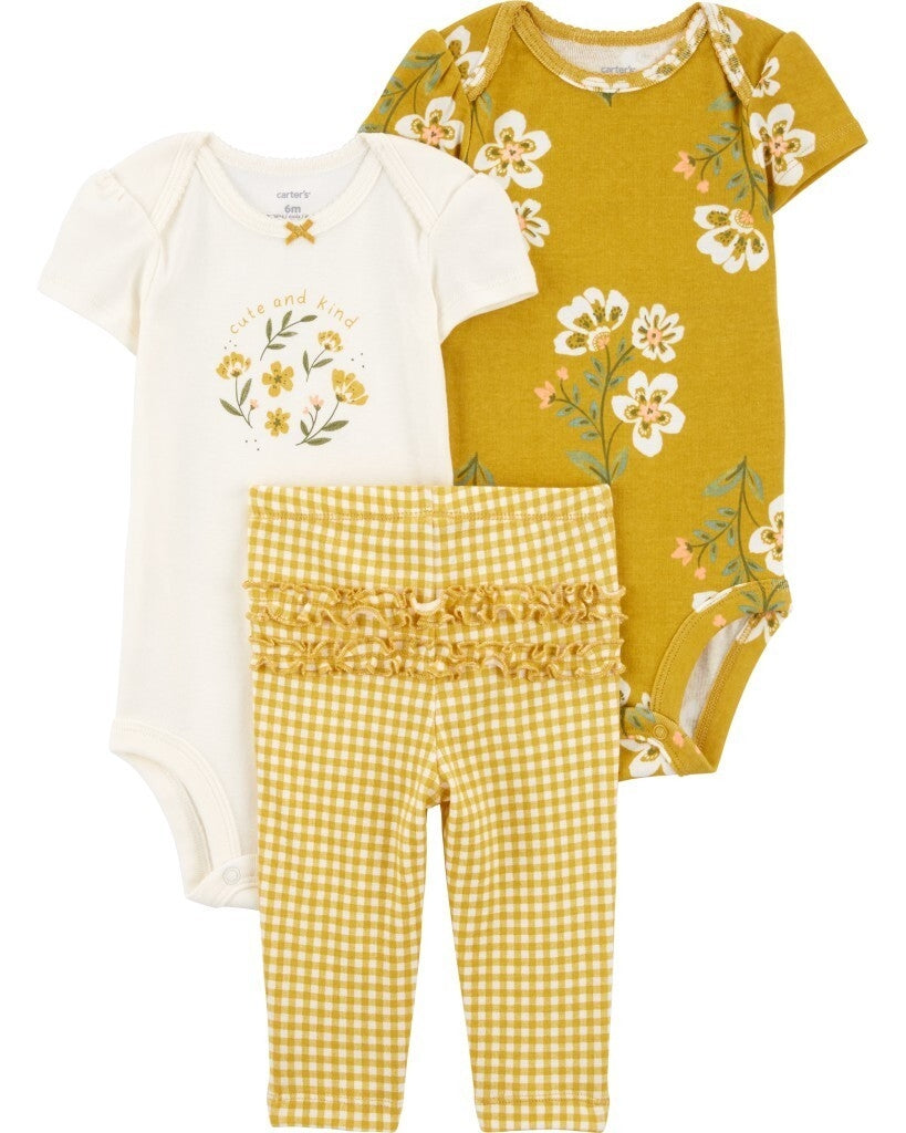 Conjunto de 3 piezas - pequeños personajes - flores - amarillo