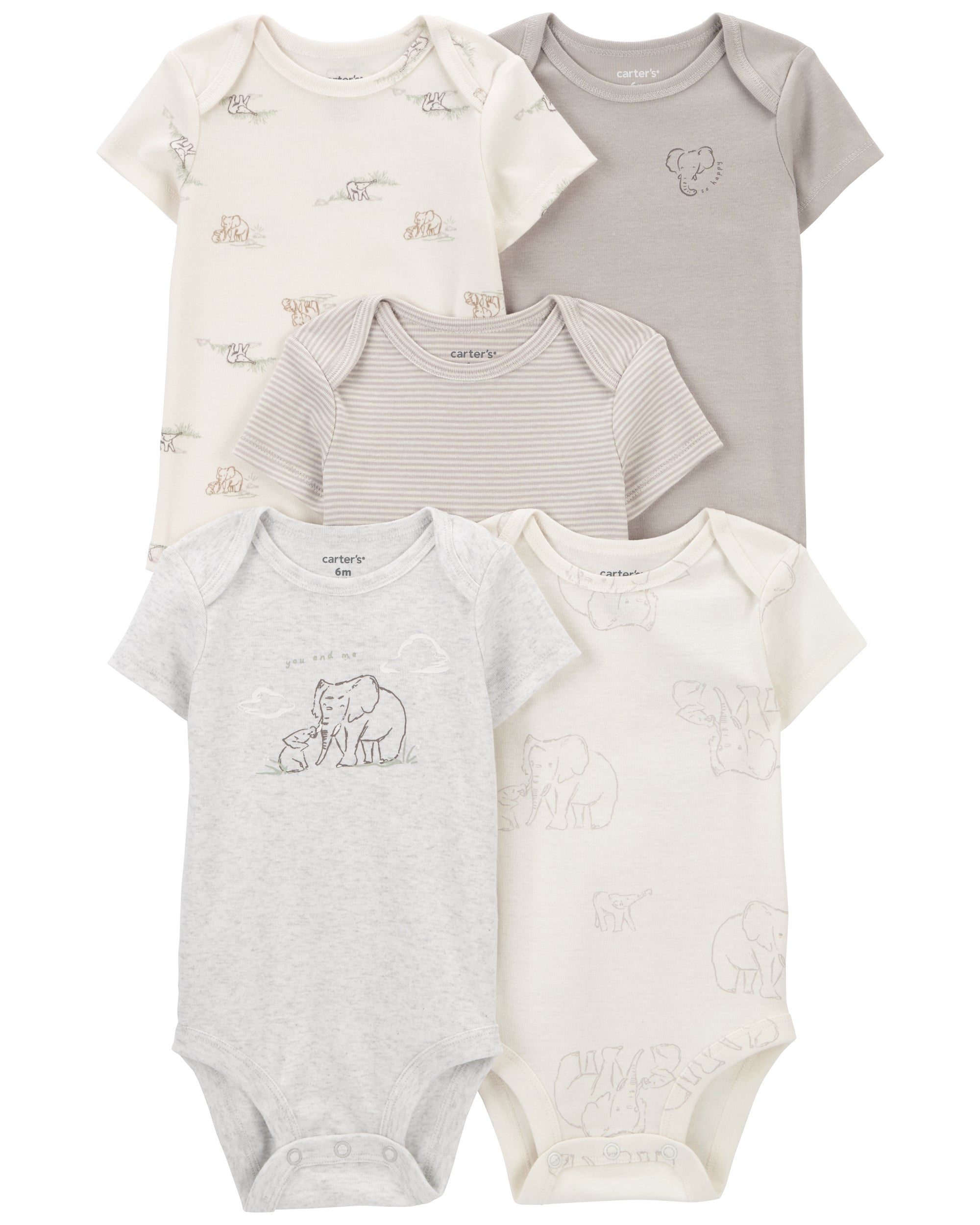 Paquete De 5 Pañaleros De Manga Corta - Elefante Blanco/Gris