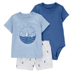 Conjunto de 3 piezas con shorts - Barco - Azul