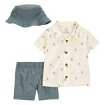 Conjunto de 3 piezas camisa de botones y shorts y gorro - Cactus