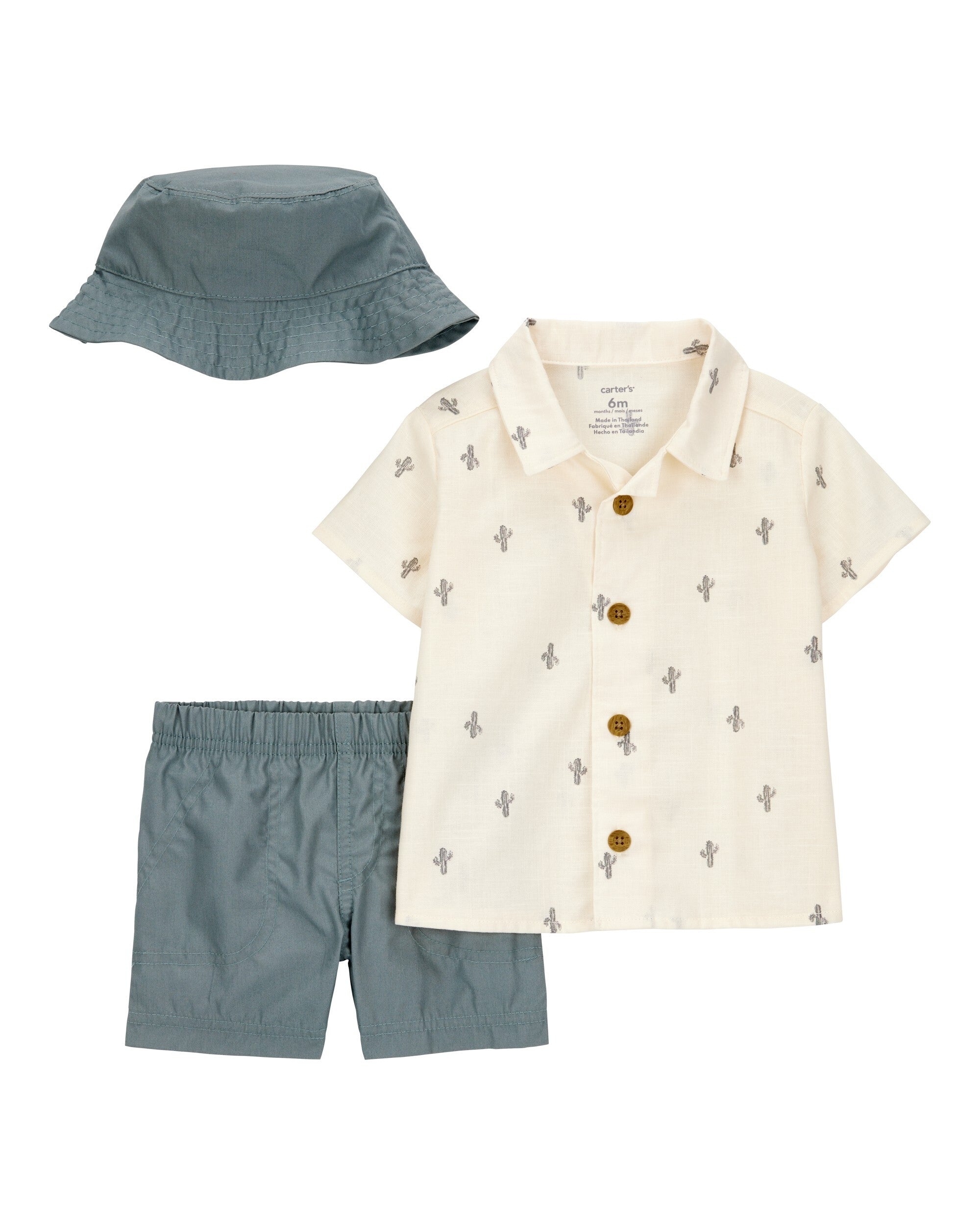 Conjunto de 3 piezas camisa de botones y shorts y gorro - Cactus