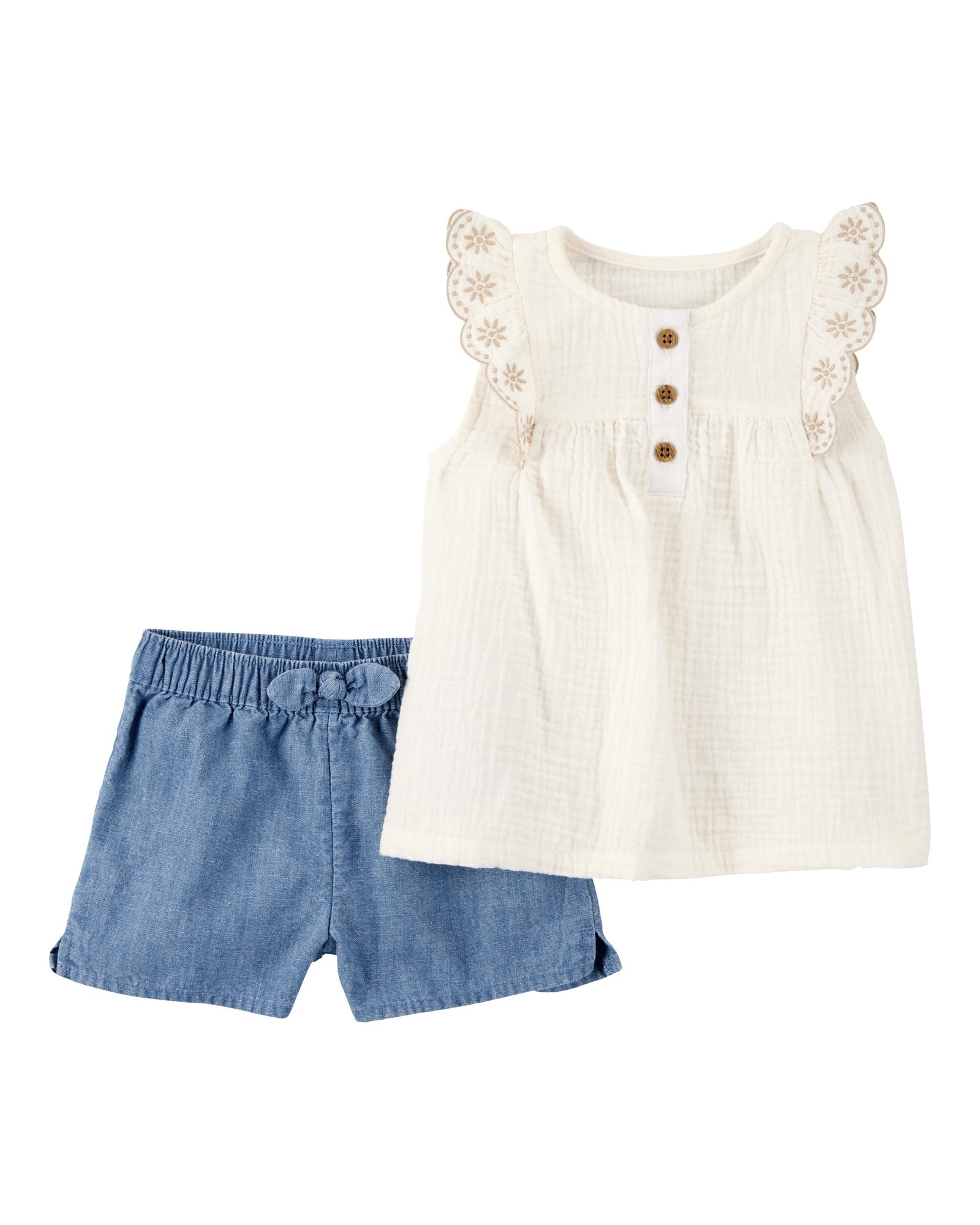Conjunto de 2 piezas camisa y shorts estilo chambray