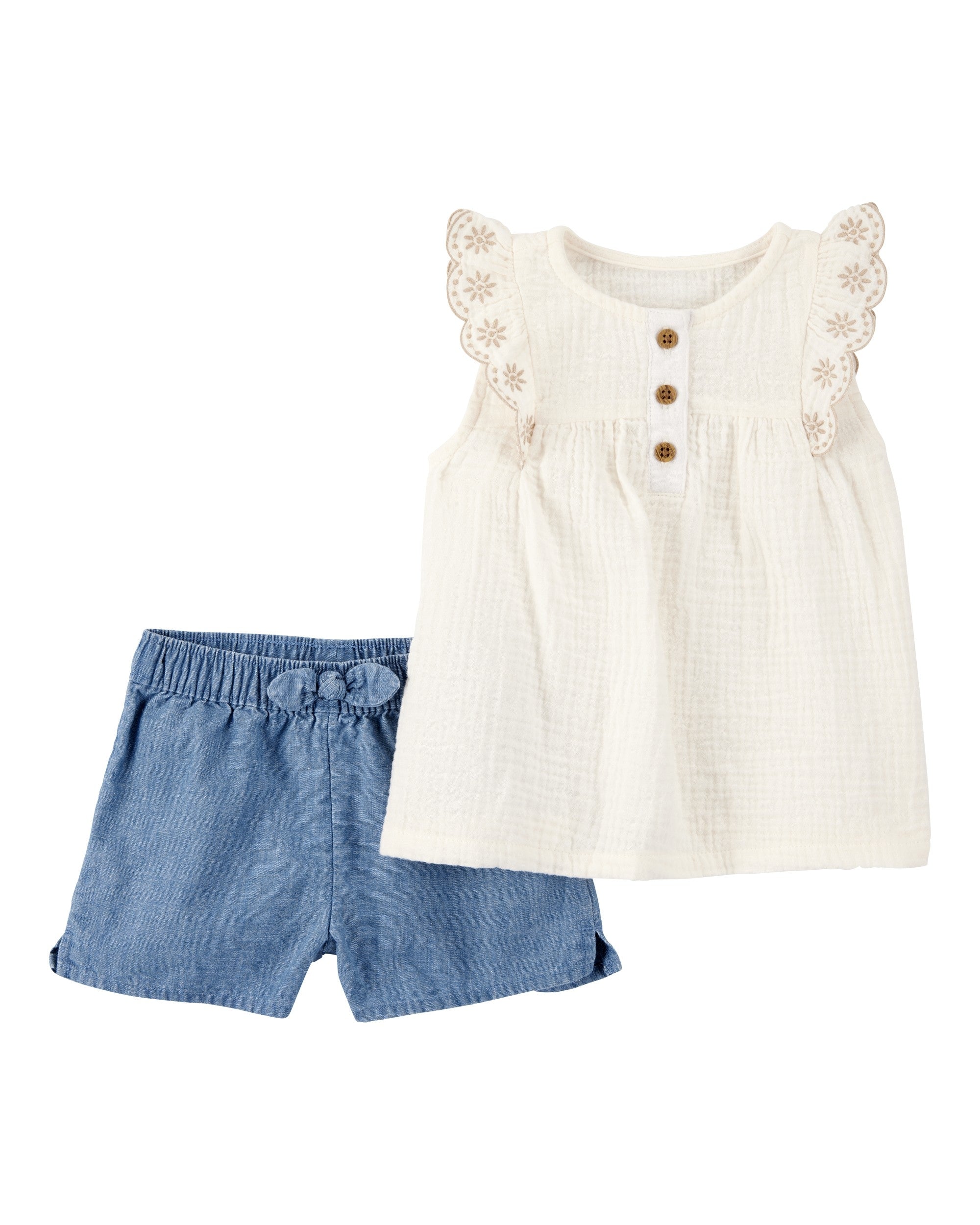 Conjunto de 2 piezas camisa y shorts estilo chambray
