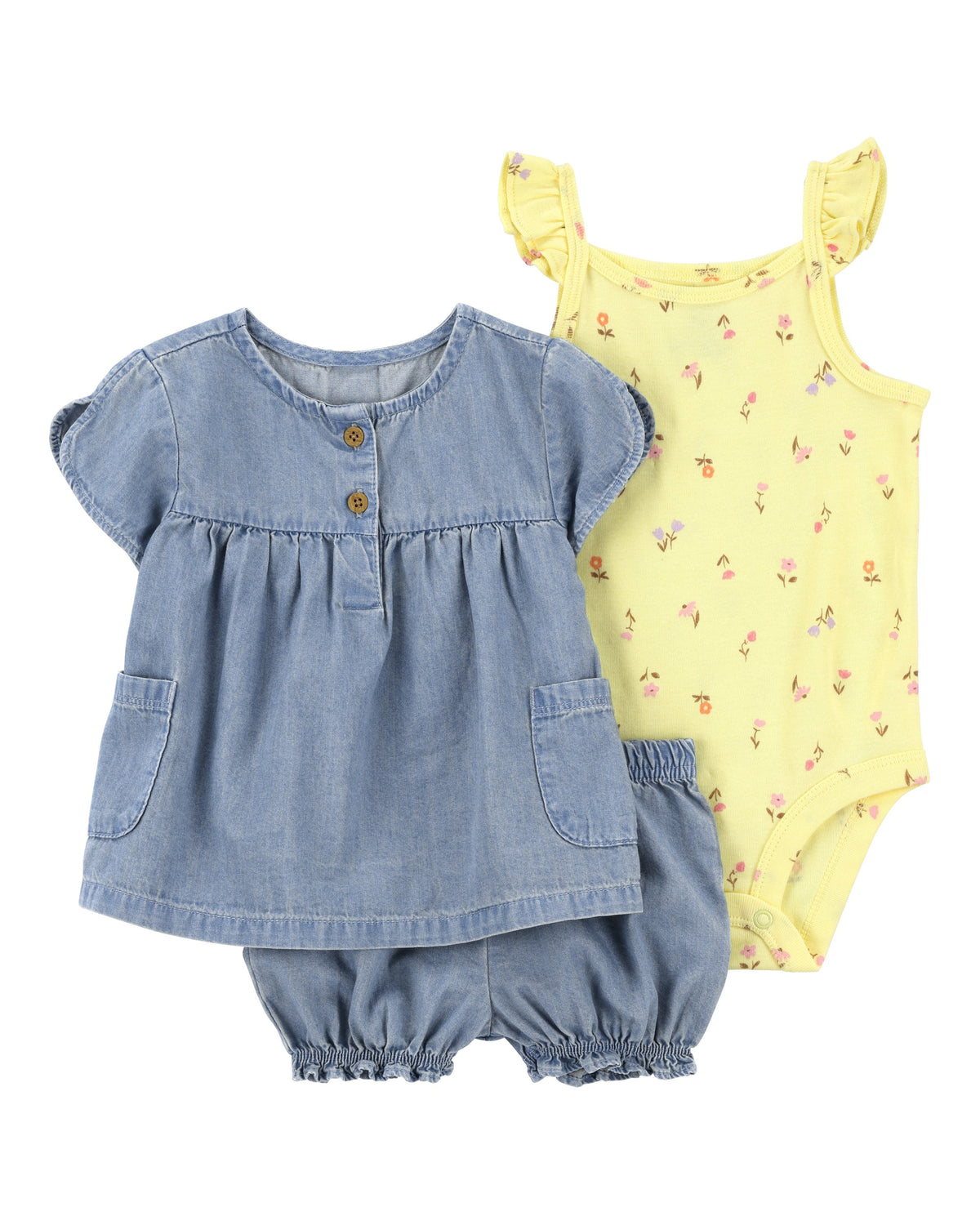 Conjunto de 3 piezas con estampado floral para bebé niña – Amarillo/Chambray