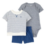 Conjunto de 3 piezas con shorts - Rayas Ancla - Azul