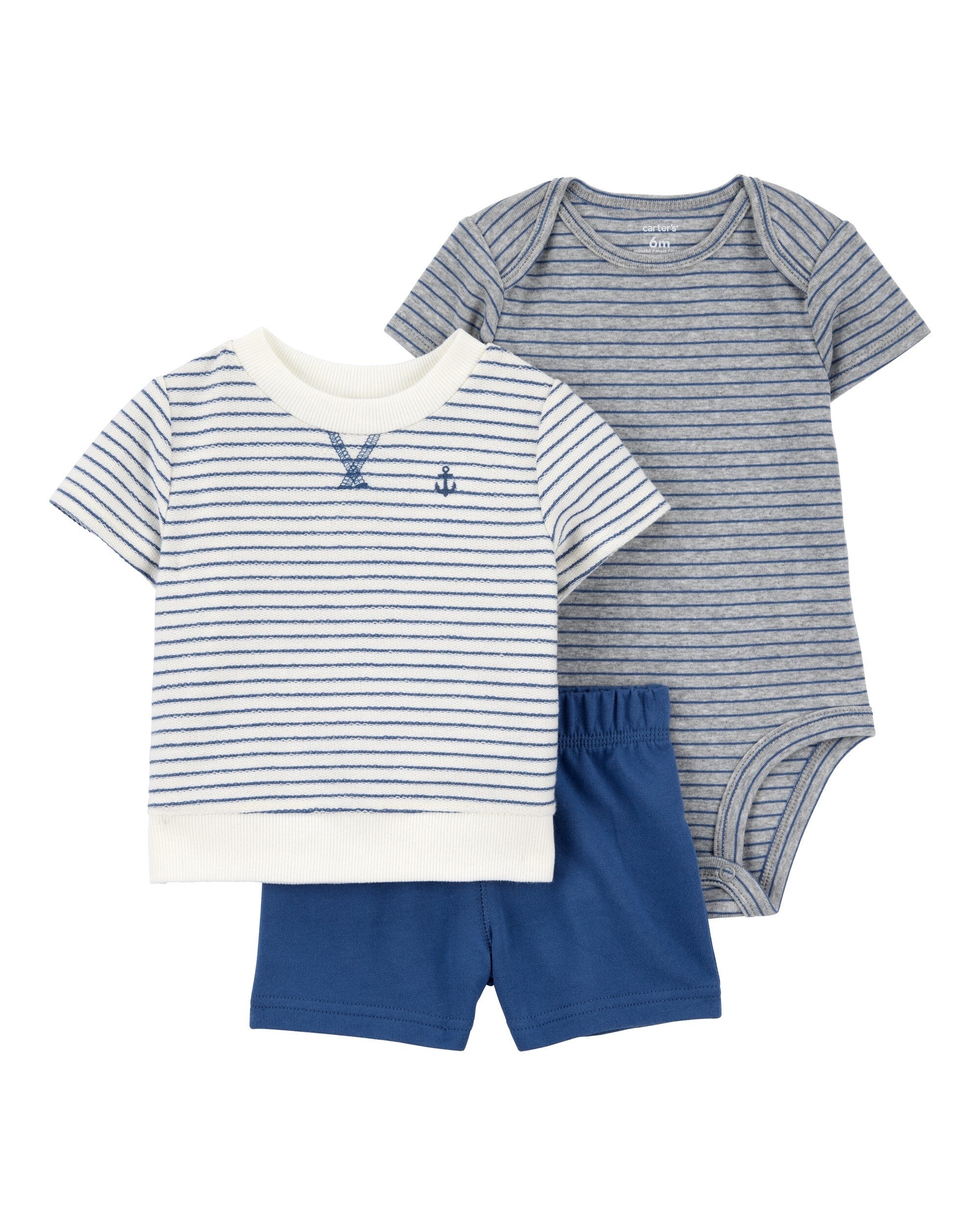 Conjunto de 3 piezas con shorts - Rayas Ancla - Azul