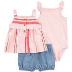 Conjunto de 3 piezas con shorts - Rayas - Rosado