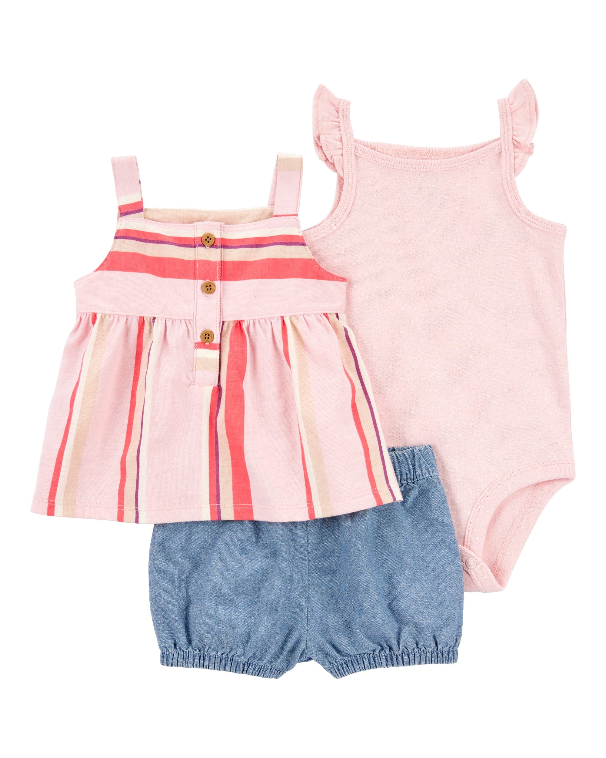 Conjunto de 3 piezas con shorts - Rayas - Rosado