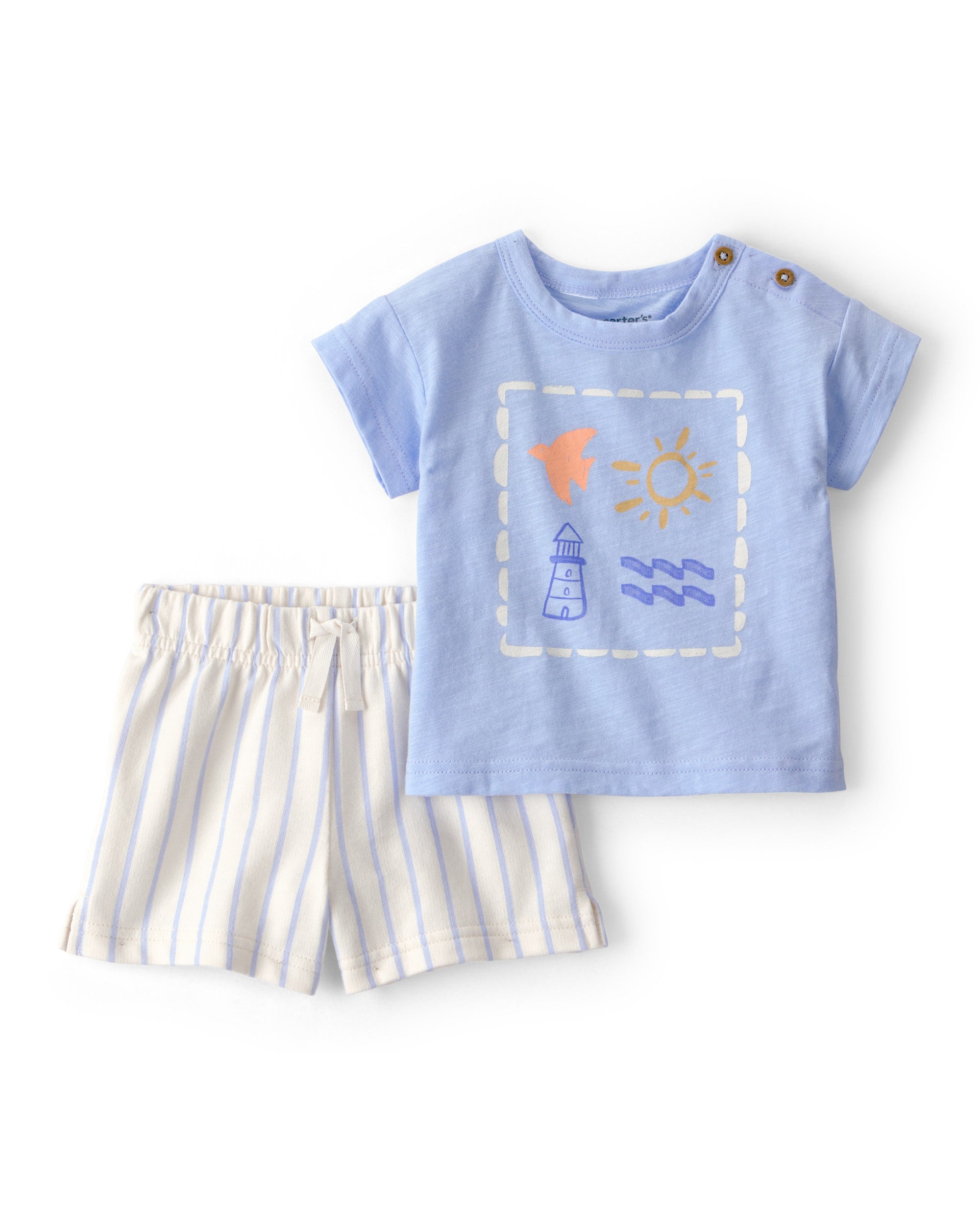Conjunto De 2 Piezas Con Playera Y Short Estampado De Faro - Azul