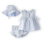 Conjunto de 3 Piezas Sombrero, Blusa y Short de Cuadros - Azul