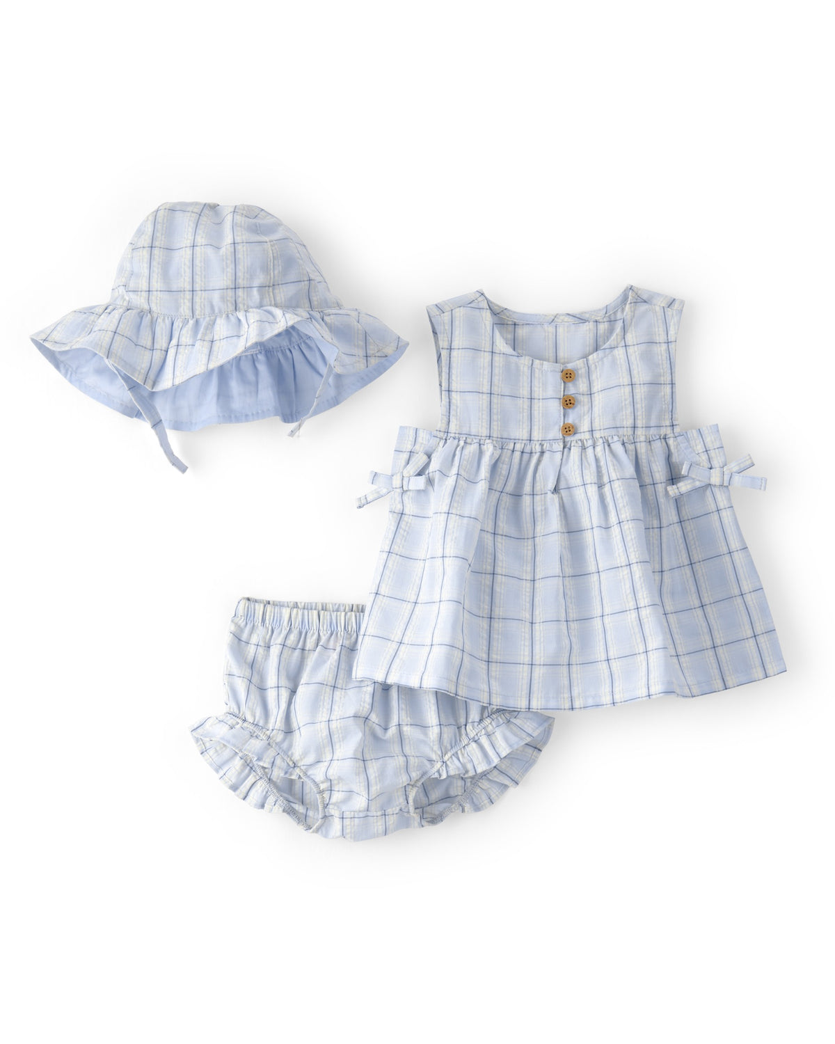 Conjunto de 3 Piezas Sombrero, Blusa y Short de Cuadros - Azul
