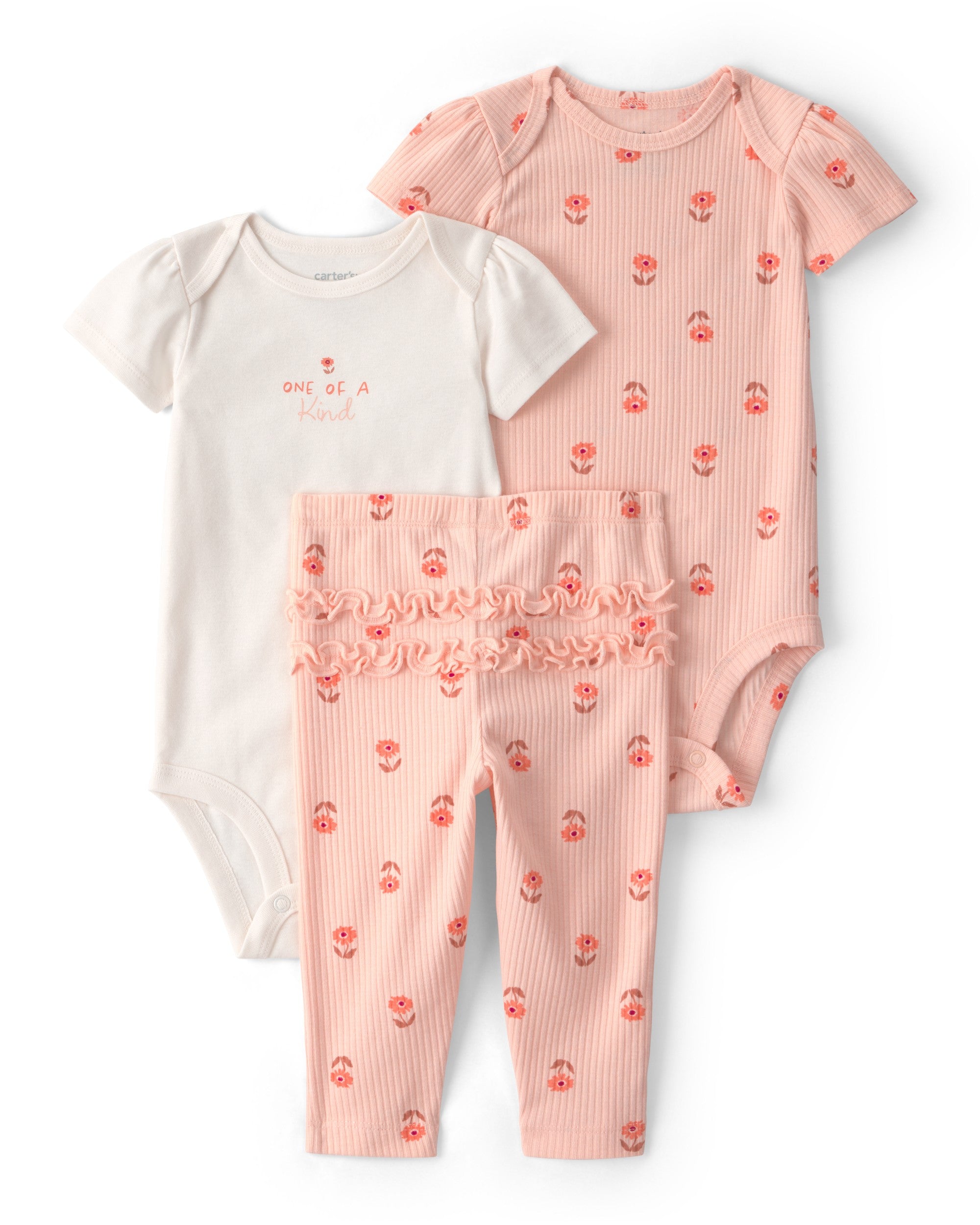 Conjunto de 3 piezas pañalero y pantalón - Flores - Rosado