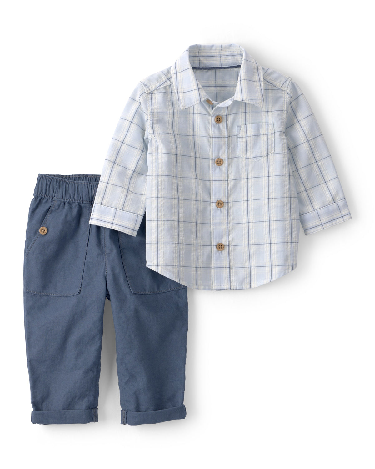 Conjunto De 2 Piezas De Camisa A Cuadros Y Pantalón - Azul