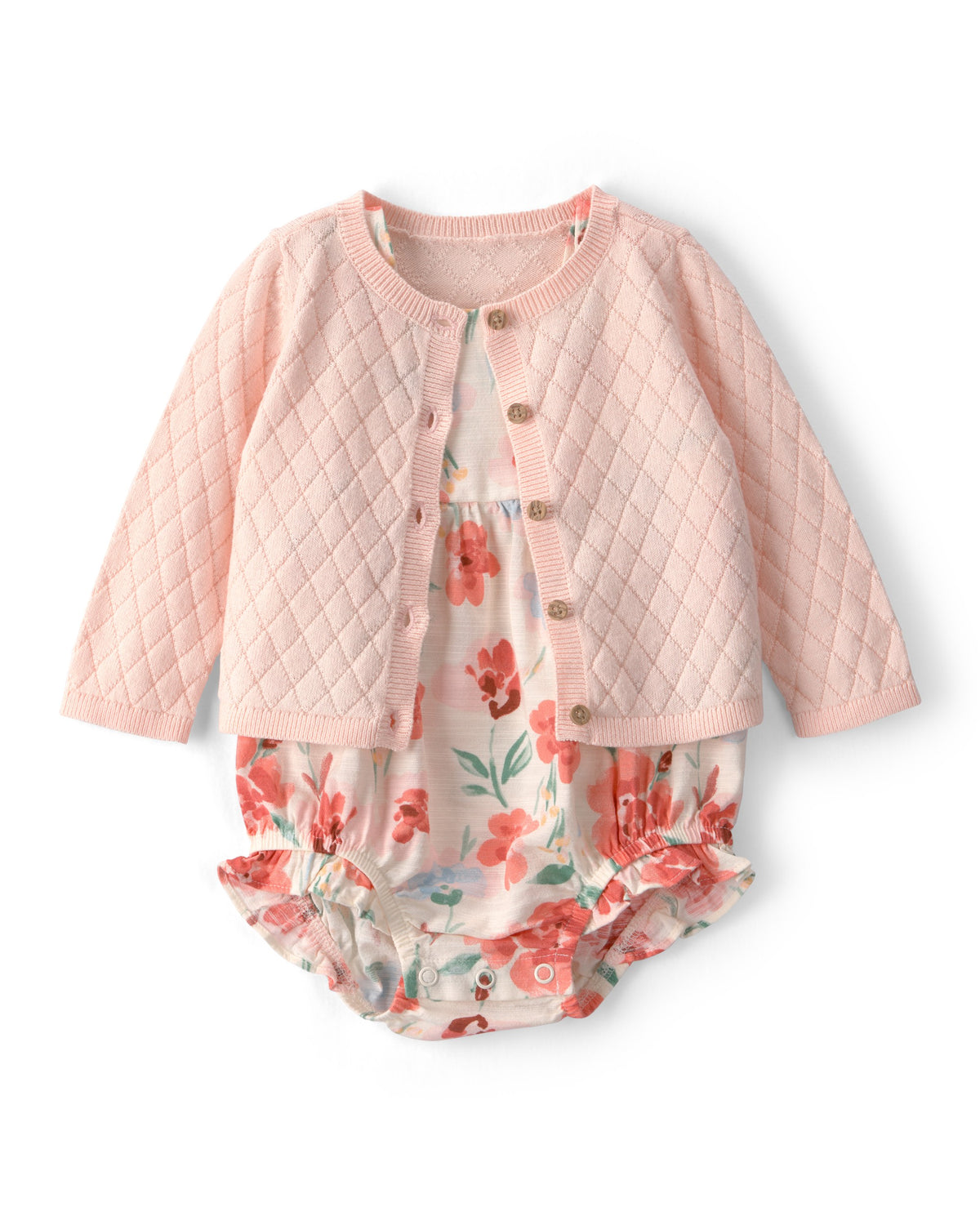 Conjunto de 2 Piezas Cárdigan y Pañalero Floral - Rosado