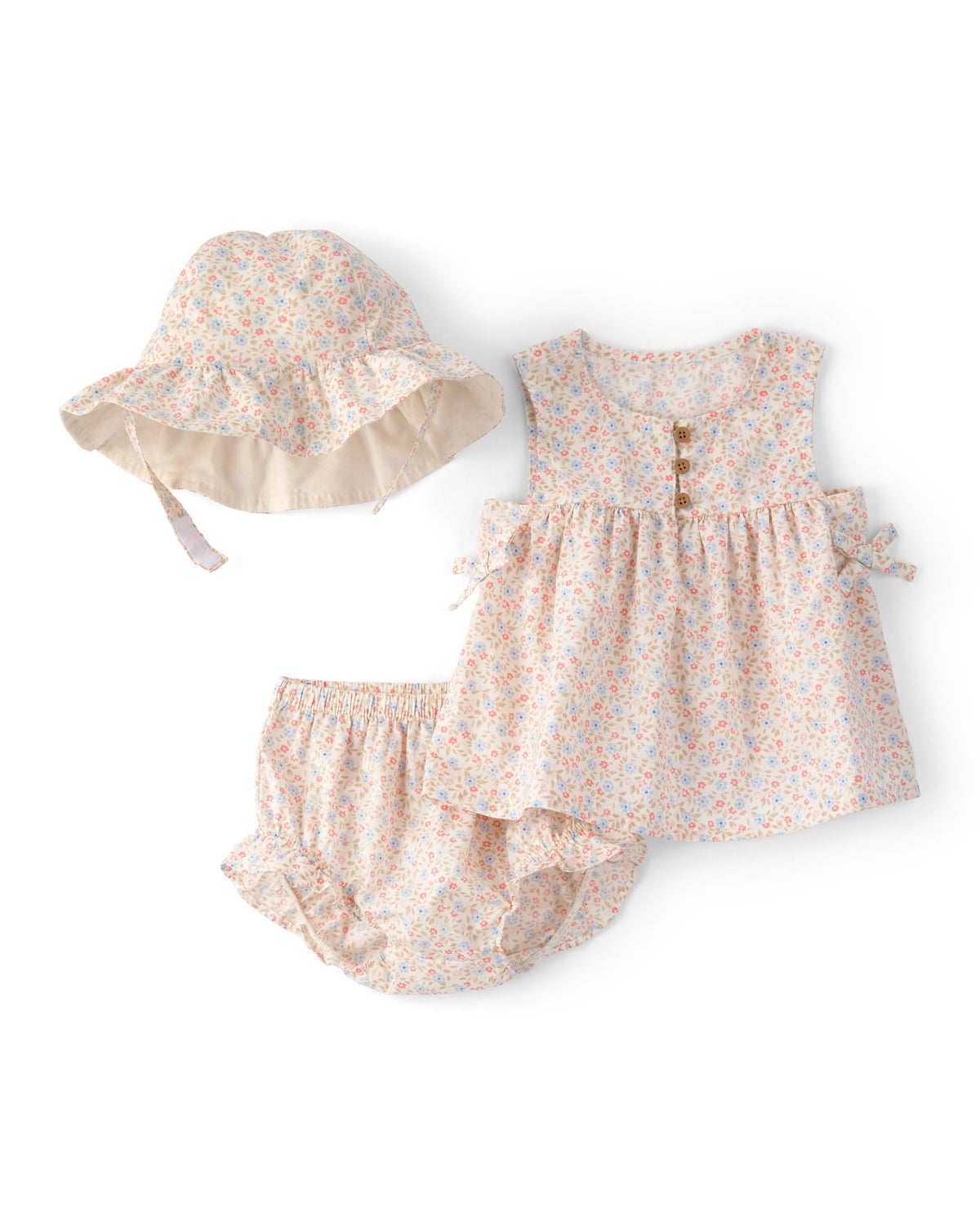 Conjunto De 3 Piezas Floral Con Gorro, Playera Y Short - Multi