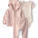 Conjunto 3 Piezas de Felpa Francesa con Cárdigan de Conejito - Rosa