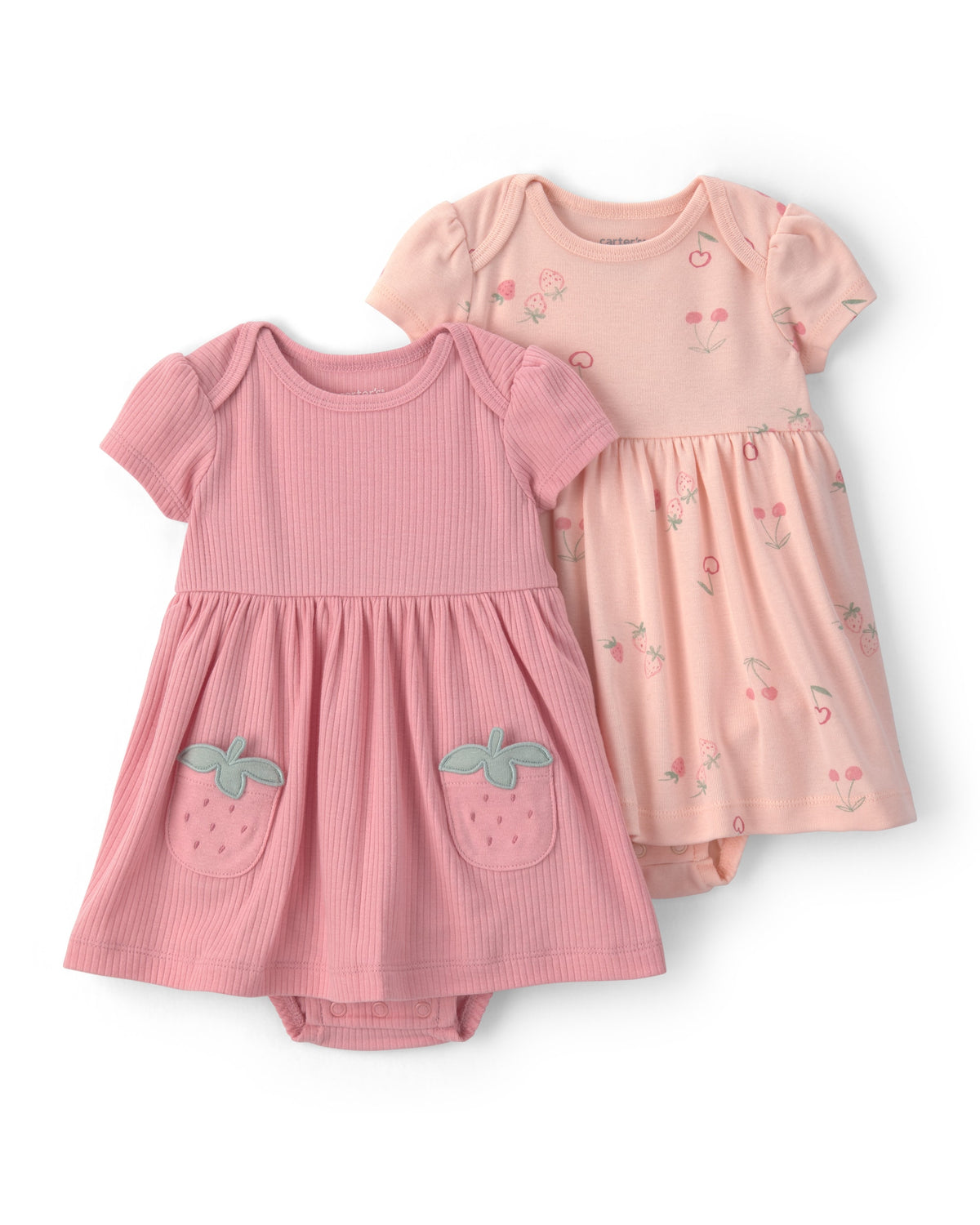Paquete de 2 vestidos con pañalero integrado de manga corta - Fresas rosado