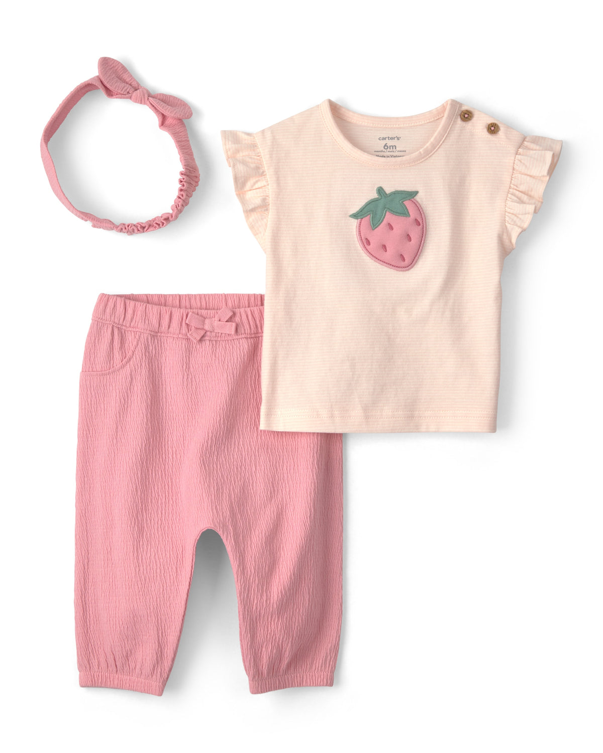 Conjunto de 3 piezas con playera con fresa y pantalón - Rosa