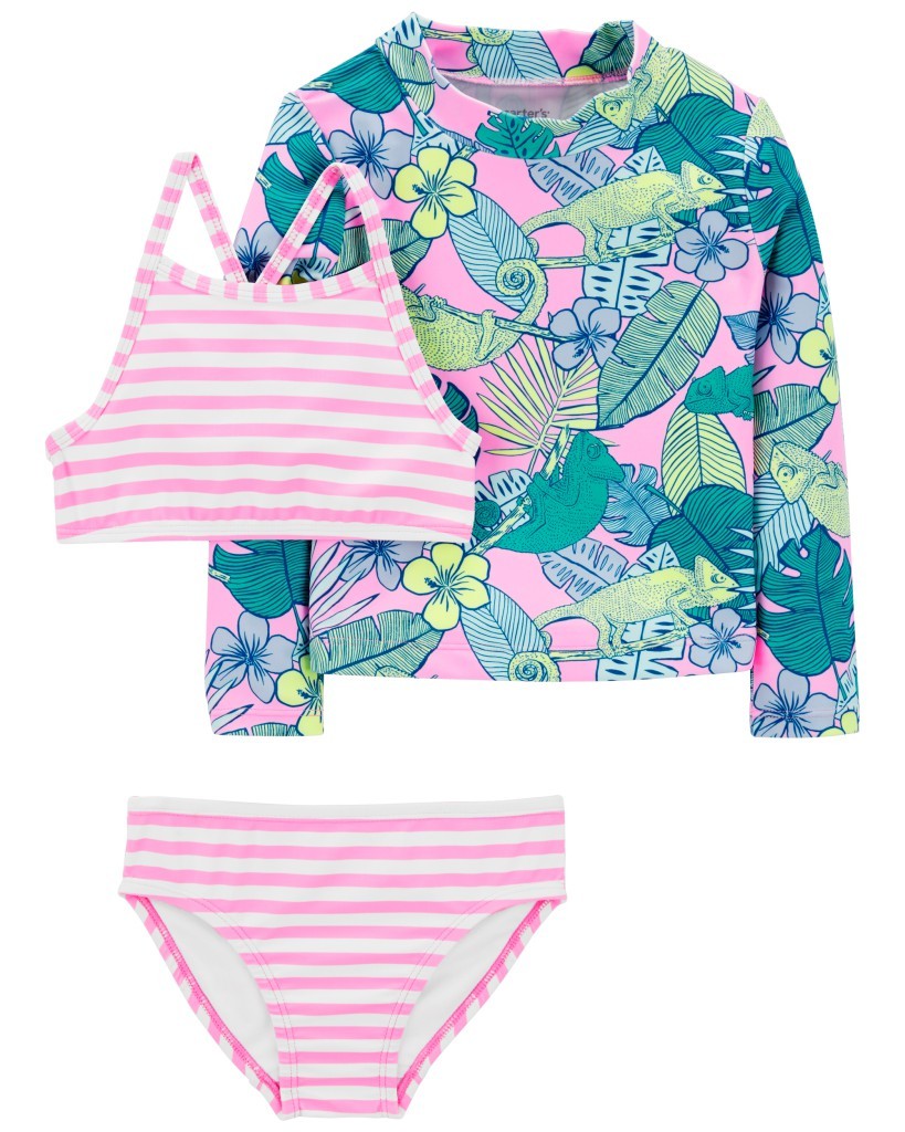 Traje de Baño de 3 Prendas Rayas Rosa