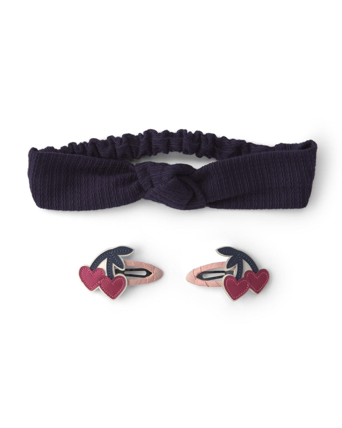 Set de 2 piezas (cinta para la cabeza con motivo de cerezas y pinza para el pelo) - azul marino/rojo